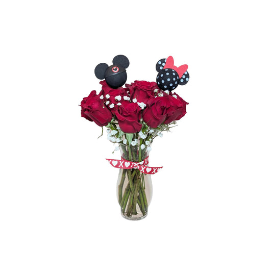 Dozen Roses with Mickey & Minnie Keepsake