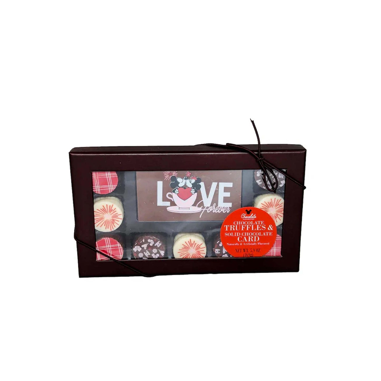 Disney "Love Forever" chocolate truffles and solid chocolate card gift set, perfect for romantic surprises and Walt Disney World resort deliveries