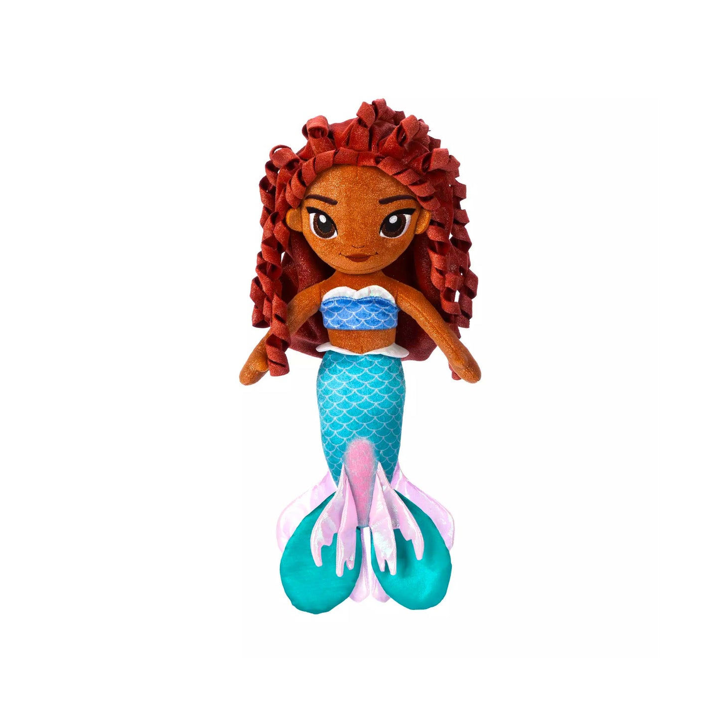 Licensed Disney Parks live-action film Ariel plush mermaid doll with textured reddish-brown hair and a shimmering blue-green tail for custom Orlando resort gift baskets
