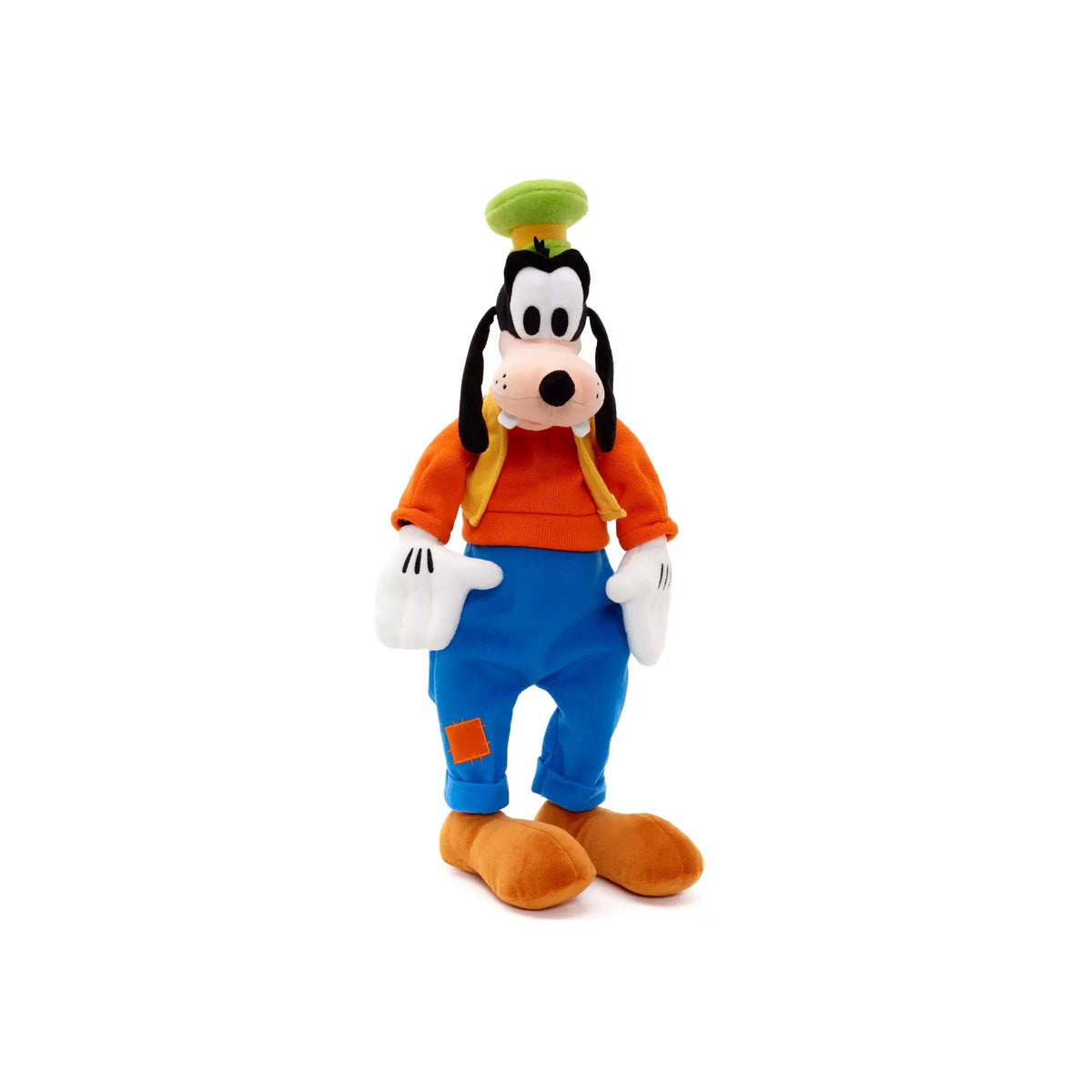 Licensed Disney Parks Goofy 18.5-inch medium plush toy character wearing his classic orange shirt, blue pants, vest, and green hat for custom themed resort gift baskets