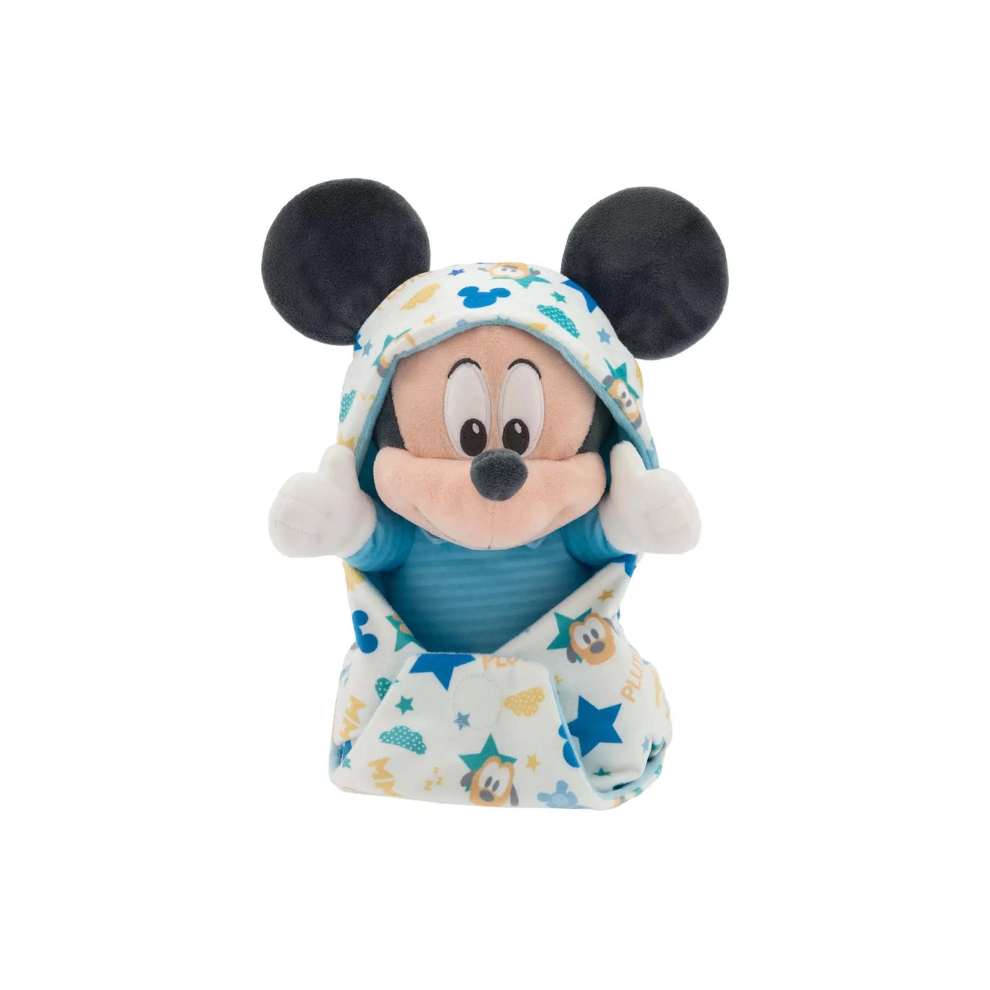 Licensed Disney Parks Disney Babies Mickey Mouse 11.5-inch small plush toy wrapped in a removable blue and white star patterned swaddle blanket pouch for custom themed resort gift baskets