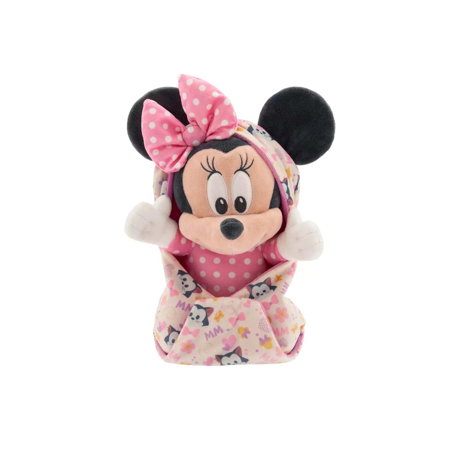 Licensed Disney Parks Disney Babies Minnie Mouse 11-inch small plush toy wrapped in a removable pink patterned swaddle blanket pouch for custom themed resort gift baskets