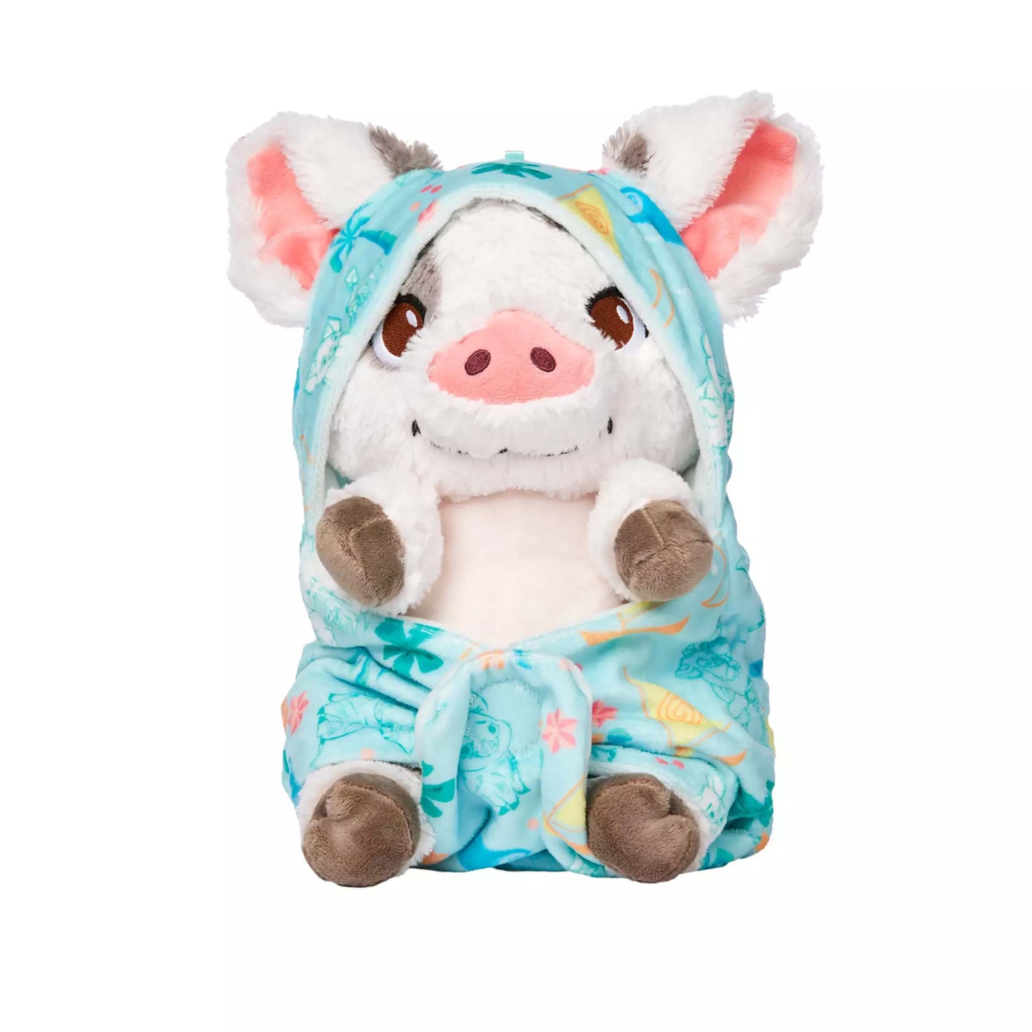 Licensed Disney Parks Disney Babies Pua 12-inch small plush toy wrapped in a removable blue floral swaddle blanket pouch for custom Moana themed resort gift baskets