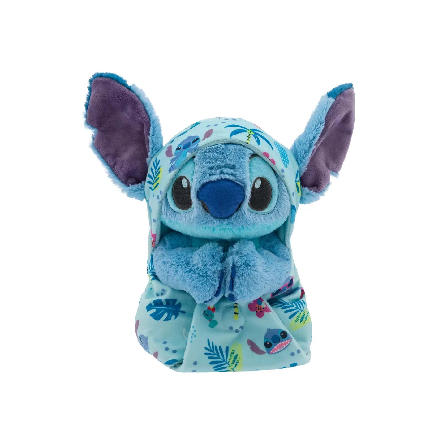 Licensed Disney Parks Disney Babies Stitch plush toy wrapped in a removable blue tropical floral swaddle blanket pouch for custom resort gift baskets