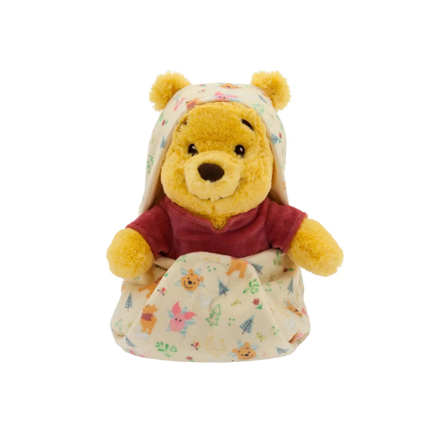 Licensed Disney Parks Disney Babies Winnie the Pooh 10-inch small plush toy wrapped in a removable cream patterned swaddle blanket pouch for custom themed resort gift baskets