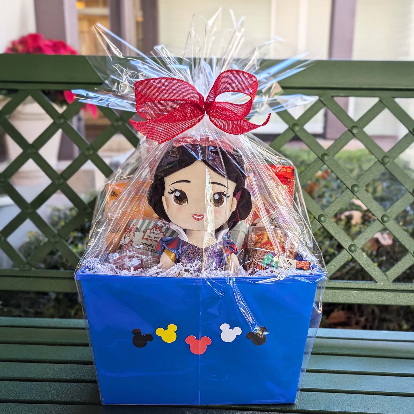 Disney Princess Snow White plush gift basket with snacks and treats, perfect for Walt Disney World resort deliveries in Orlando