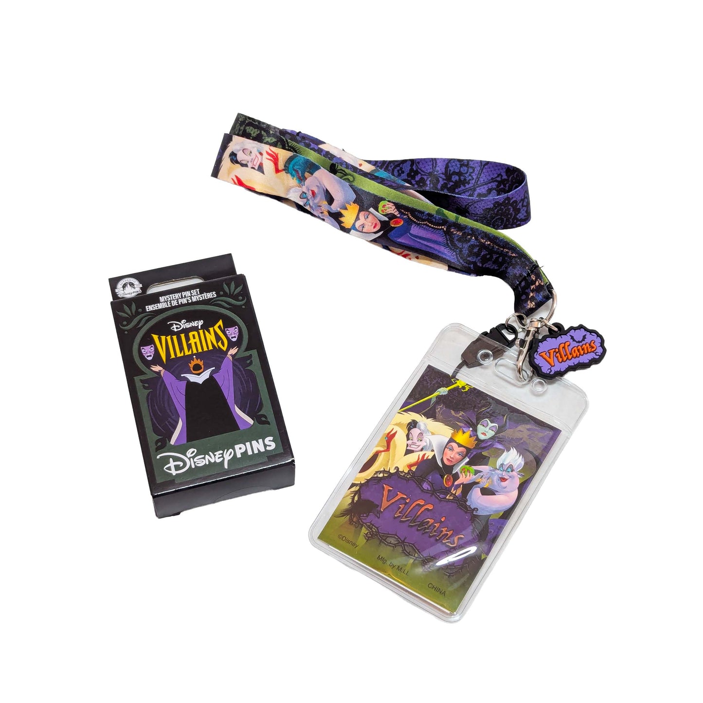 Disney Villains-themed lanyard, badge holder, and mystery pin box starter set for pin trading adventures at Walt Disney World area resorts.