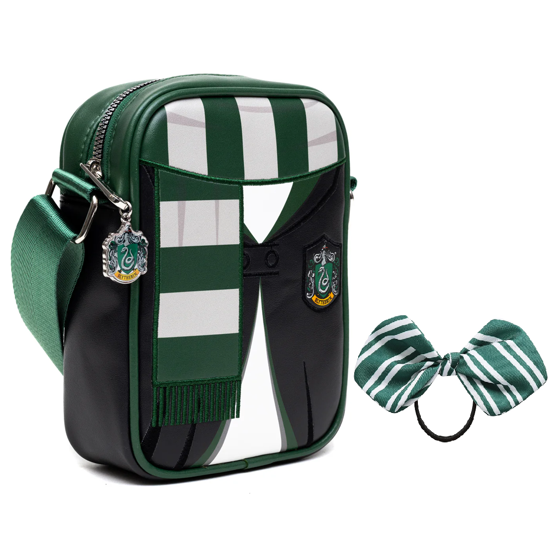 Green and black Slytherin house crossbody bag with an emblem and a matching striped hair tie bow for an Orlando resort gift basket
