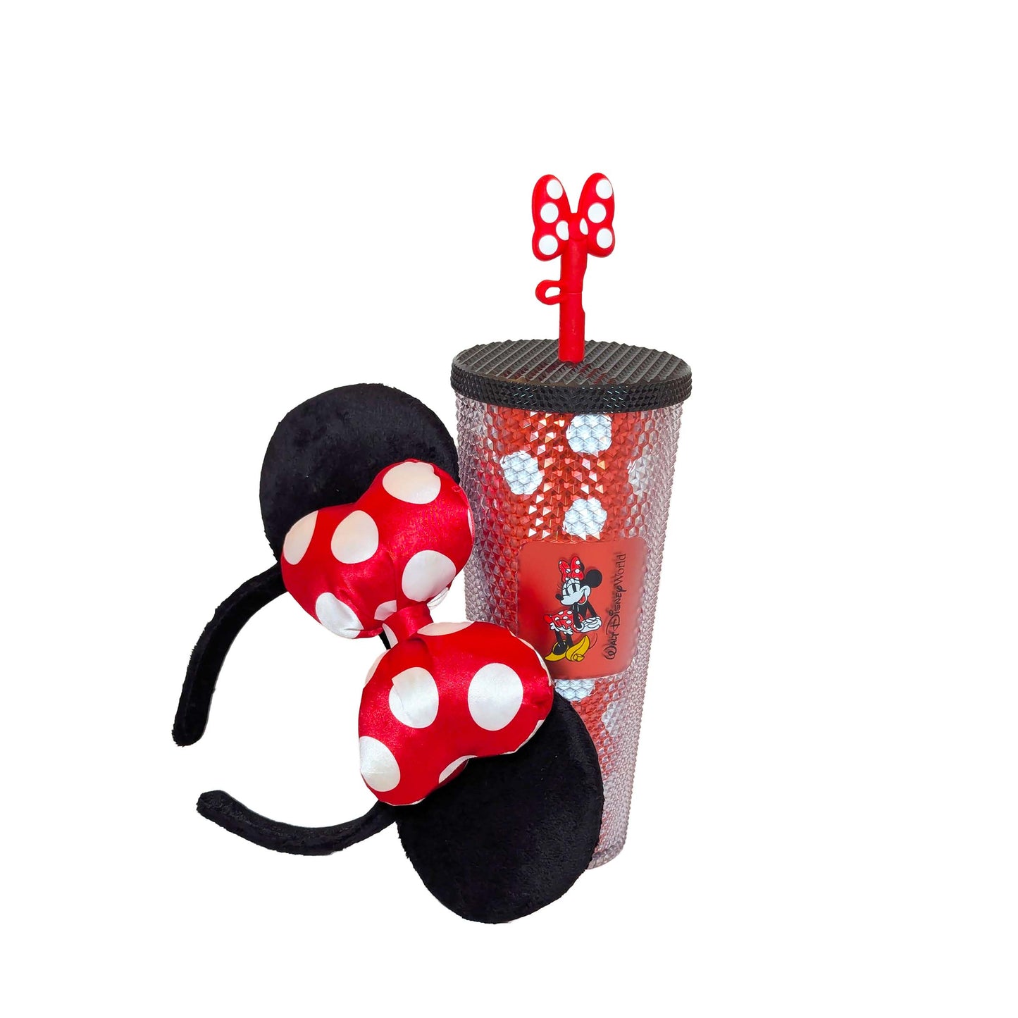 Disney-themed Starbucks tumbler with straw and matching Minnie Mouse ears featured in a gift set perfect for Minnie Ears and Starbucks Tumbler Gift Basket deliveries at Walt Disney World and Universal Orlando resorts