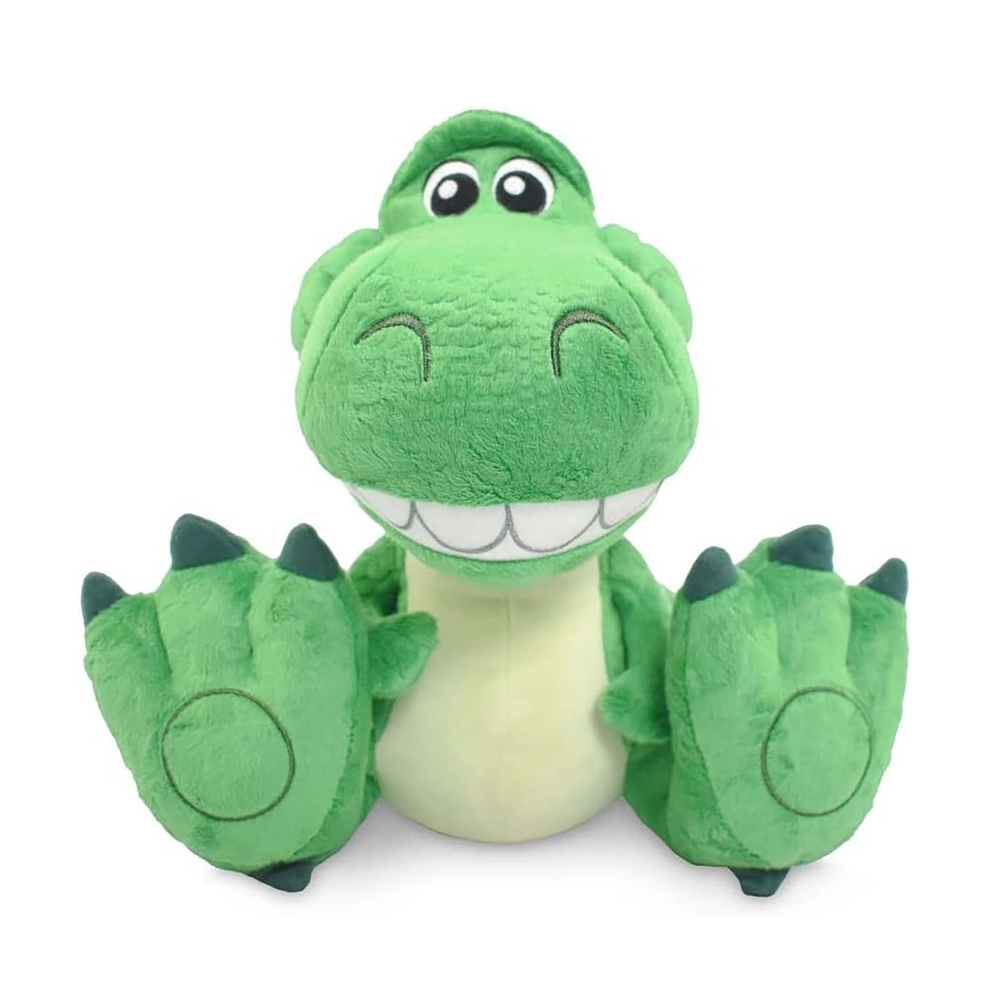 Disney Parks exclusive Rex "Big Feet" plush dinosaur from Toy Story, featured in a custom gift basket for Walt Disney World and Universal Orlando resort delivery