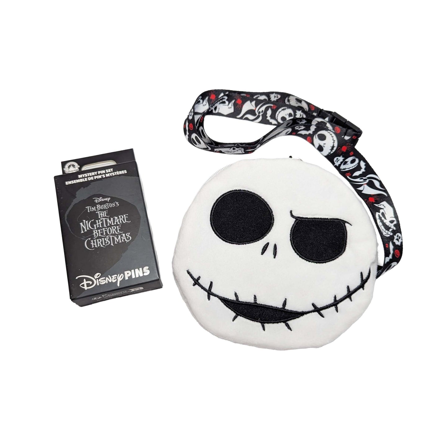 Disney Jack Skellington-themed character zippered pouch with a mystery pin trading set, perfect for pin trading adventures at Walt Disney World
