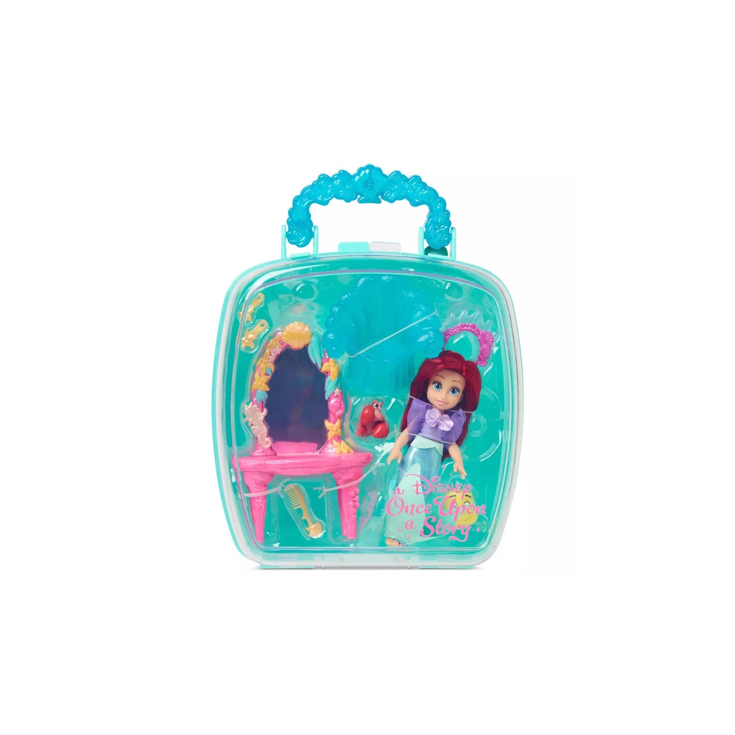 Toy set featuring an Ariel mini doll and accessories inside a clear plastic carrying case