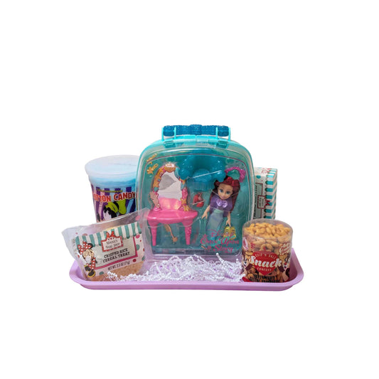 Ariel mini doll playset with snack assortment, including cotton candy and crispy rice treats on a pink tray, perfect for Walt Disney World and Universal Orlando resort deliveries