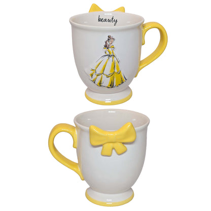 Belle-themed ceramic mugs featuring iconic yellow dress and bow design, perfect for themed Orlando resort gift baskets