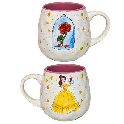 Belle-themed ceramic mug featuring iconic scenes from Beauty and the Beast, perfect for themed Orlando resort gift baskets