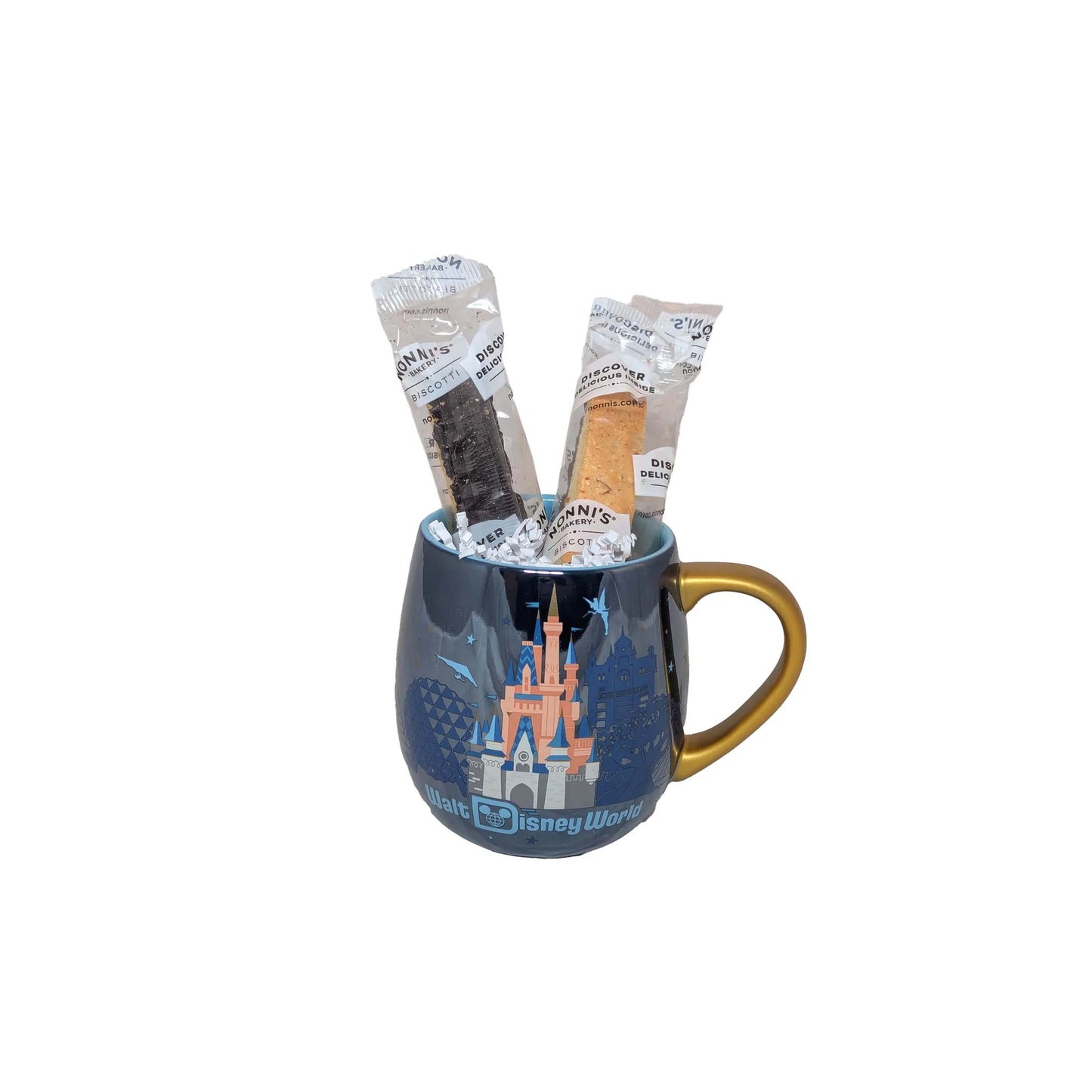 Blue Walt Disney World Cinderella Castle mug filled with snack treats for Orlando resort delivery