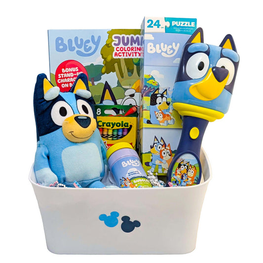 Bluey plush toy, bubble wand, coloring book, and puzzle included in a custom kids' gift basket for Walt Disney World resort deliveries in Orlando