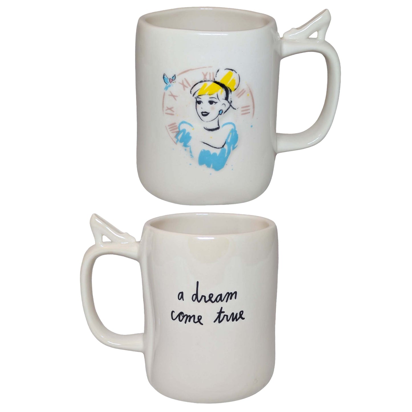 Cinderella-themed ceramic mugs featuring "a dream come true" script, perfect for themed Orlando resort gift baskets
