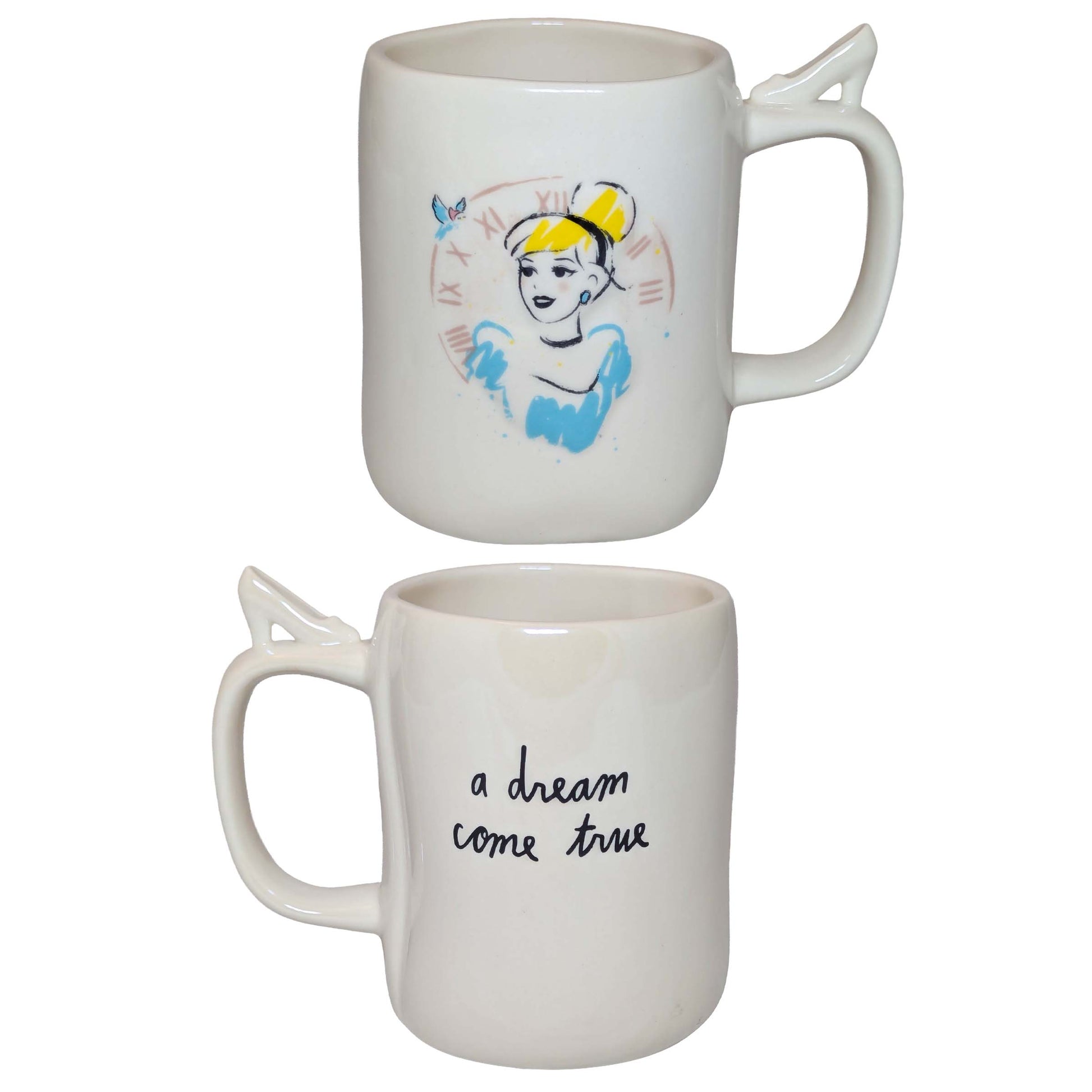 Cinderella-themed ceramic mugs featuring "a dream come true" script, perfect for themed Orlando resort gift baskets