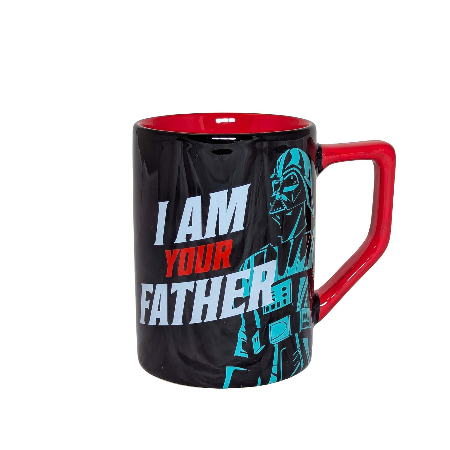 Darth Vader-themed black mug with red interior and handle, featuring the iconic Star Wars "I AM YOUR FATHER" text, perfect for themed Orlando resort gift baskets