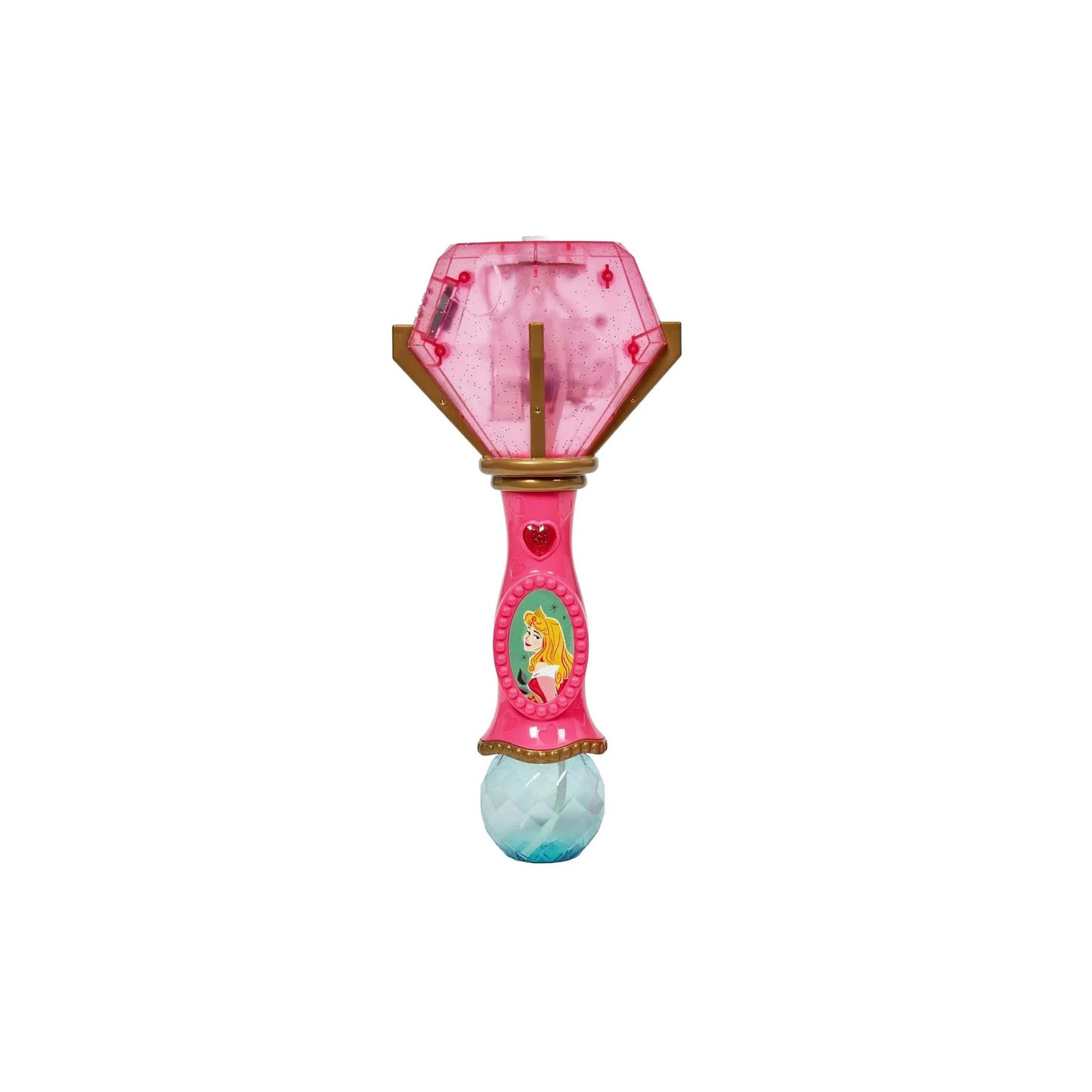 Licensed pink and gold Disney Princess Aurora Sleeping Beauty toy bubble wand with a character decal and tiara top for custom themed resort gift baskets