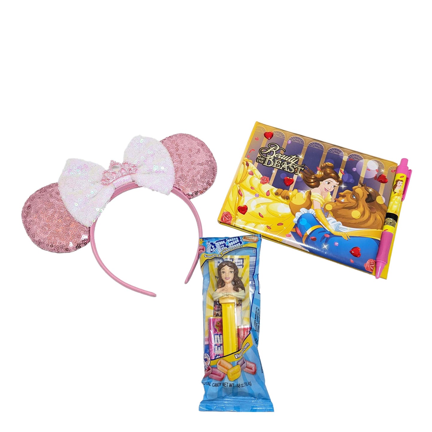 Licensed Disney Beauty and the Beast notepad with a matching pen, pink princess ears headband, and a Belle PEZ candy dispenser for custom resort gift sets