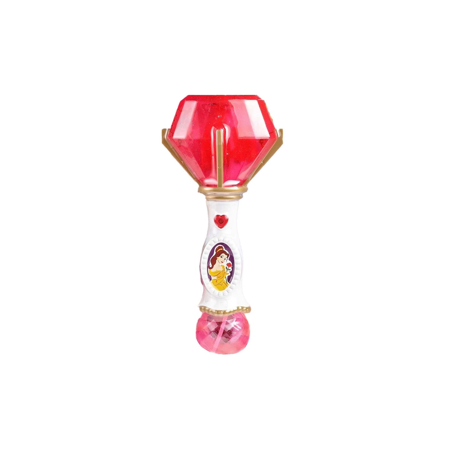 Licensed pink and gold Disney Princess Belle Beauty and the Beast toy bubble wand with a character decal and red gem top for custom themed resort gift baskets