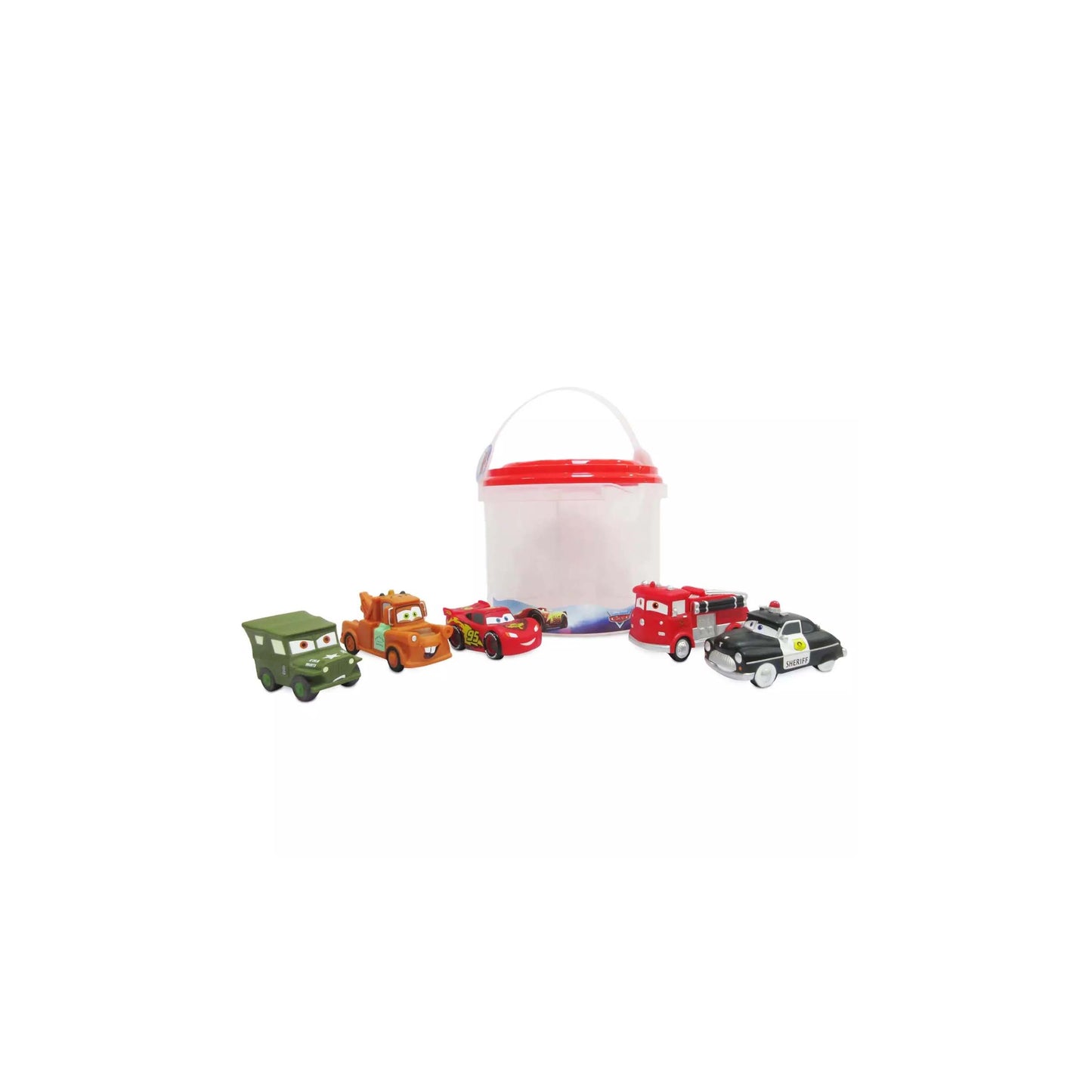 Set of Disney Cars character bath toys including a white bucket for themed Orlando resort gift baskets