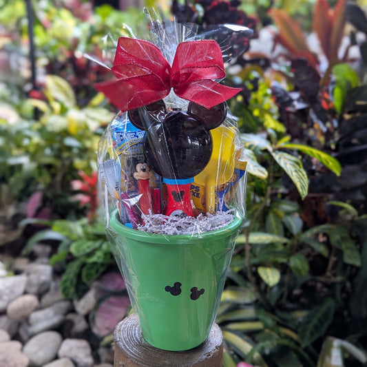 Custom beach-themed Disney gift basket featuring a green sand bucket filled with a Mickey Mouse bubble wand, snacks, and toys for Orlando resort delivery