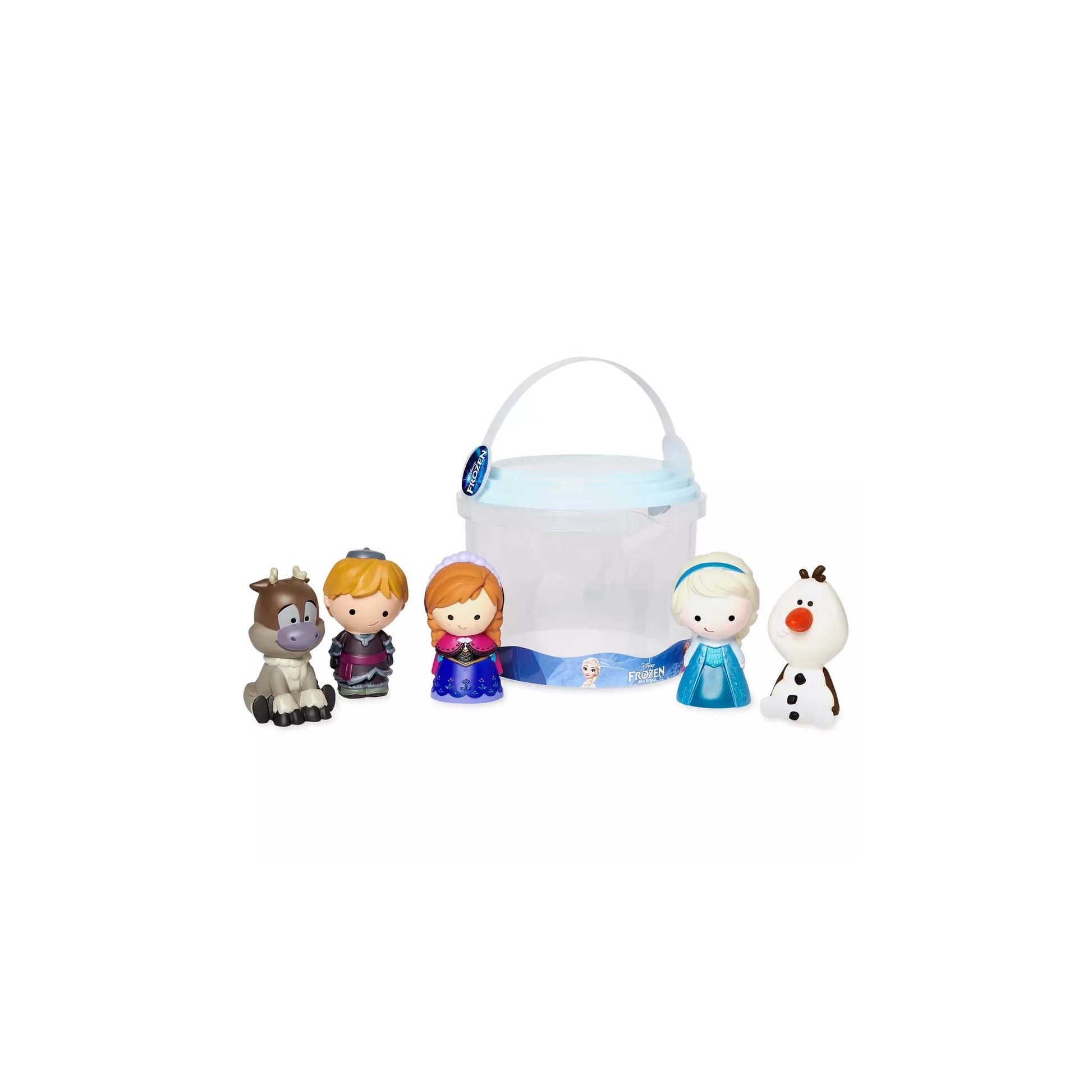 Set of Disney Frozen character bath toys, including Anna, Elsa, Olaf, Kristoff, and Sven, with a bucket for themed Orlando resort gift baskets