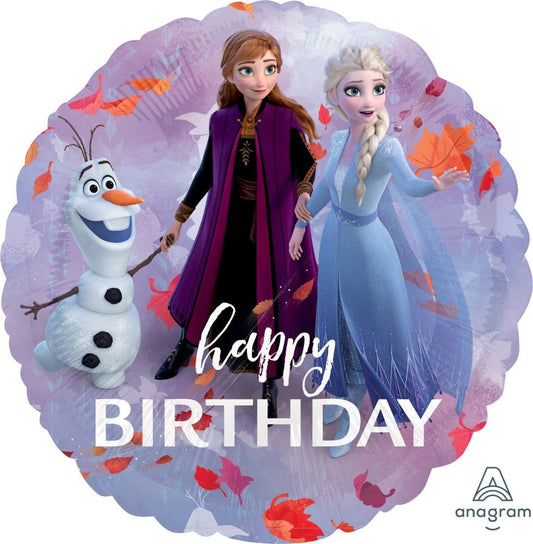 Disney Frozen 2 Happy Birthday balloon featuring Elsa and Anna character portraits.