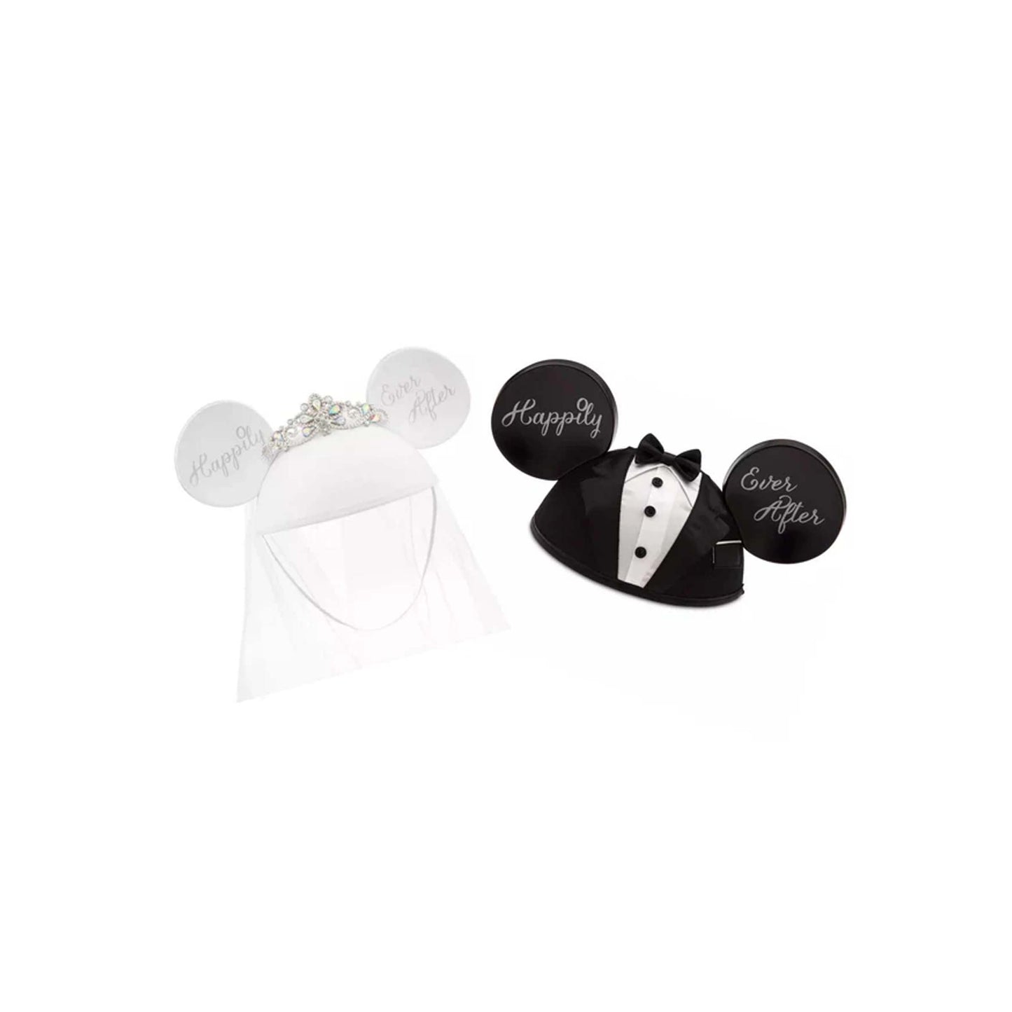 Disney bride and groom ear hats with "Happily Ever After" in a custom gift basket, perfect for Walt Disney World resort deliveries in Orlando