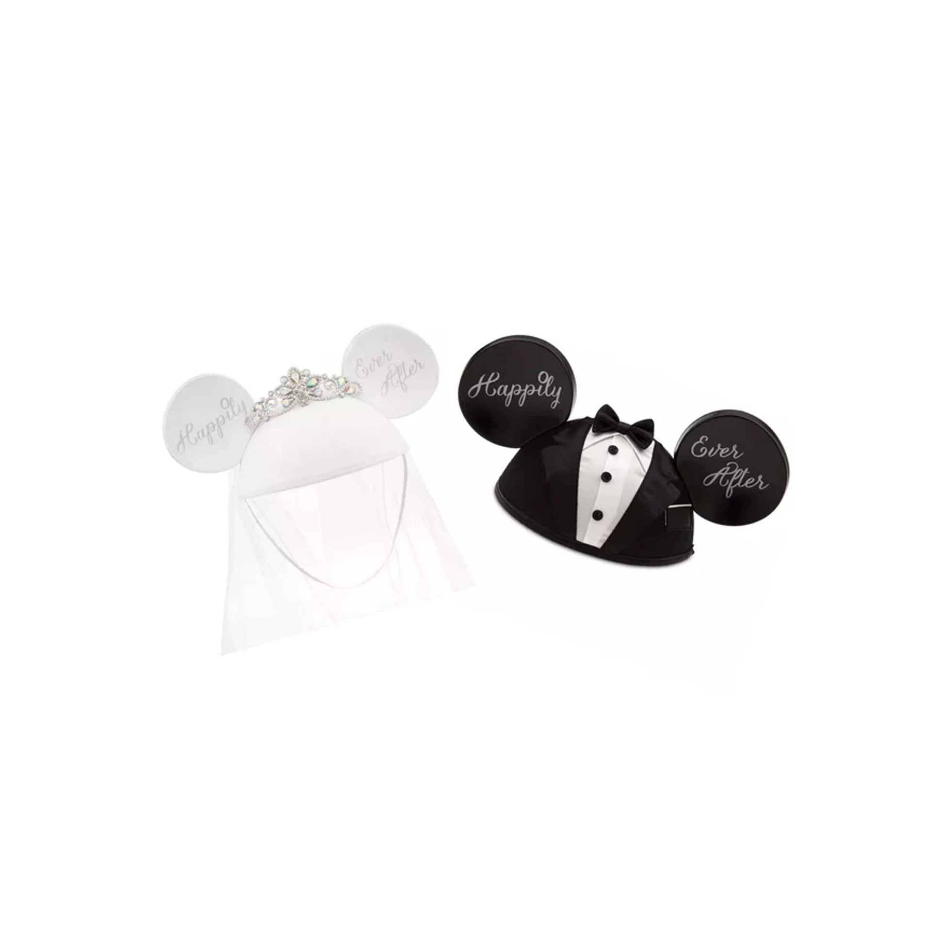 Disney bride and groom ear hats with "Happily Ever After" in a custom gift basket, perfect for Walt Disney World resort deliveries in Orlando