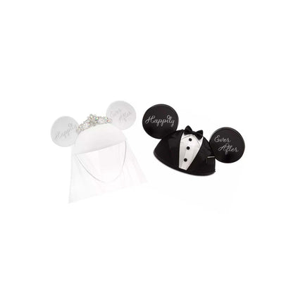 Disney bride and groom ear hats with "Happily Ever After" in a custom gift basket, perfect for Walt Disney World resort deliveries in Orlando