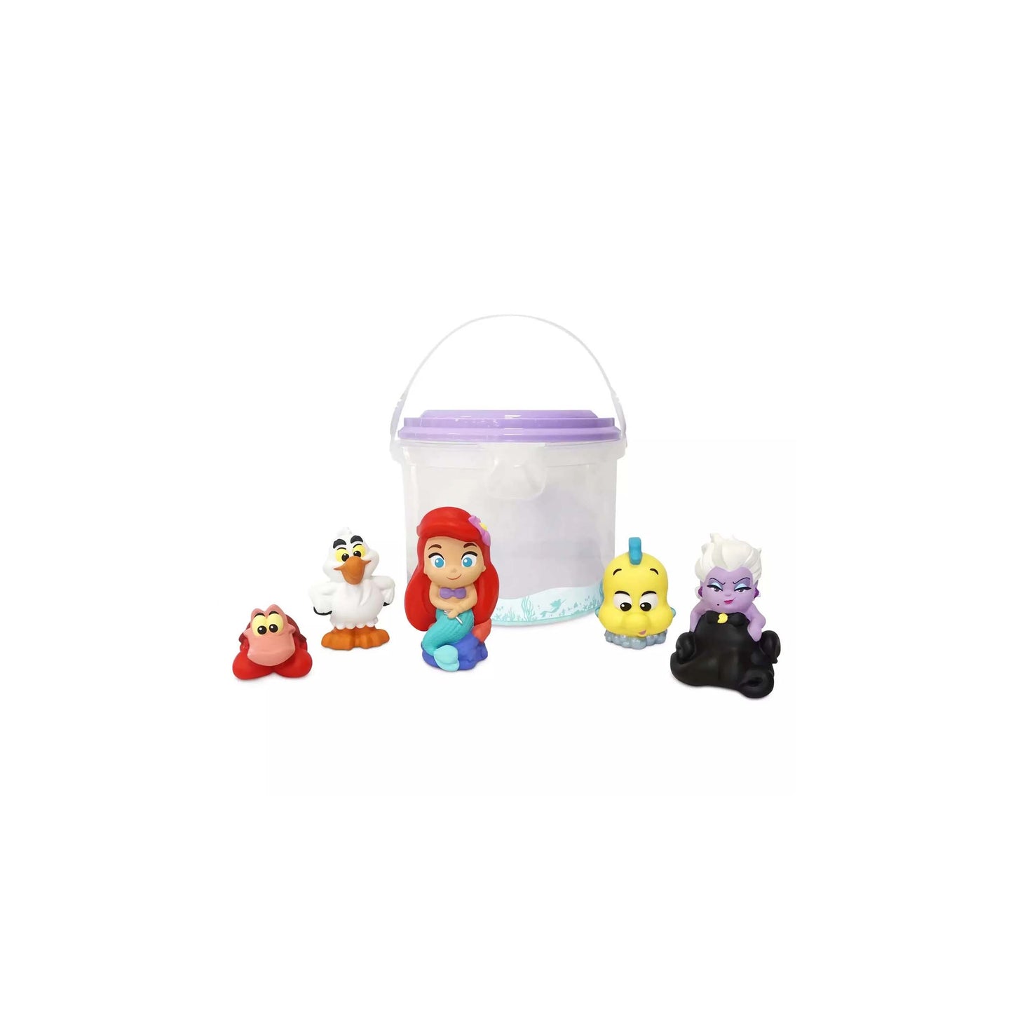 Set of Disney The Little Mermaid character bath toys, including Ariel, Ursula, Flounder, Sebastian, and Scuttle, with a bucket for themed Orlando resort gift baskets