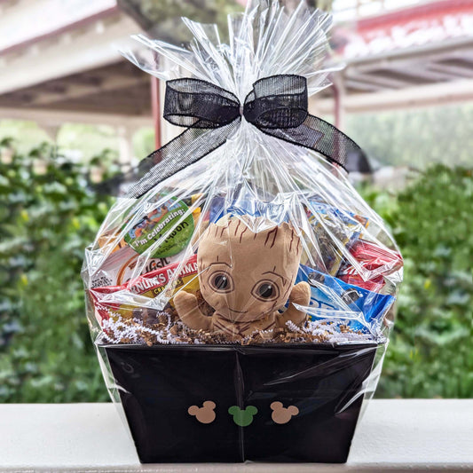 Custom Marvel Guardians of the Galaxy Groot plush gift basket filled with sweet and salty snacks for Orlando resort delivery