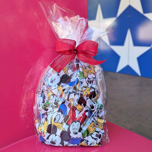 Custom Disney Mickey and Friends drawstring backpack gift basket wrapped in clear cellophane with a red bow for Orlando resort delivery