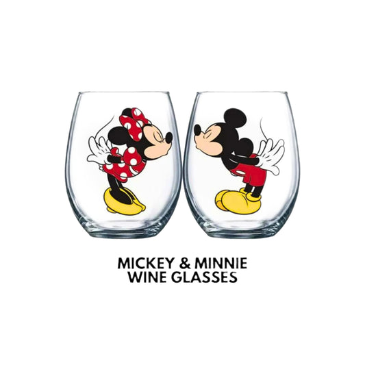 Set of two Disney-themed stemless wine glasses featuring Mickey Mouse and Minnie Mouse designs for custom celebration gift baskets