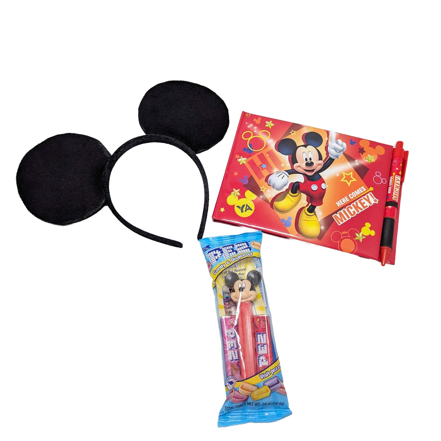 Licensed Disney Mickey Mouse autograph book with a matching pen, black ears headband, and a Mickey Mouse PEZ candy dispenser for custom resort gift sets