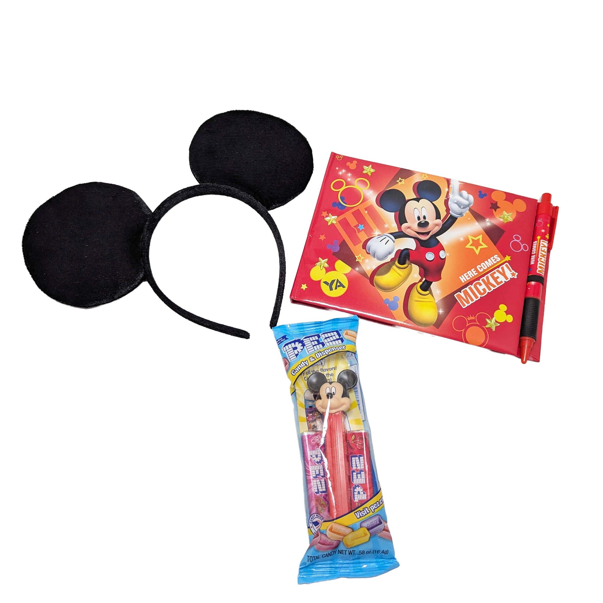 Licensed Disney Mickey Mouse autograph book with a matching pen, black ears headband, and a Mickey Mouse PEZ candy dispenser for custom resort gift sets