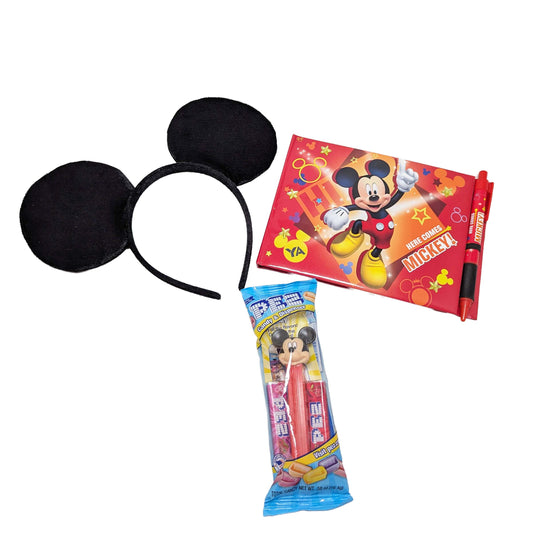 Licensed Disney Mickey Mouse autograph book with a matching pen, black ears headband, and a Mickey Mouse PEZ candy dispenser for custom resort gift sets