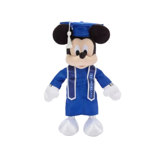 Disney Mickey Mouse ten inch graduation plush toy wearing a blue gown and cap for custom holiday gift baskets