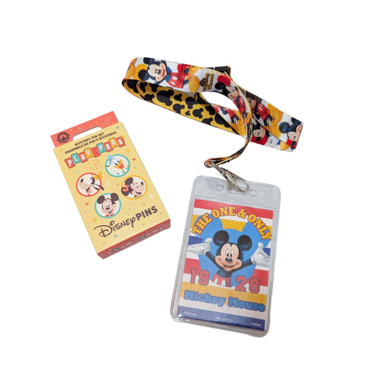 Disney Mickey Mouse themed lanyard and mystery pin box starter set for pin trading adventures at Walt Disney World area resorts