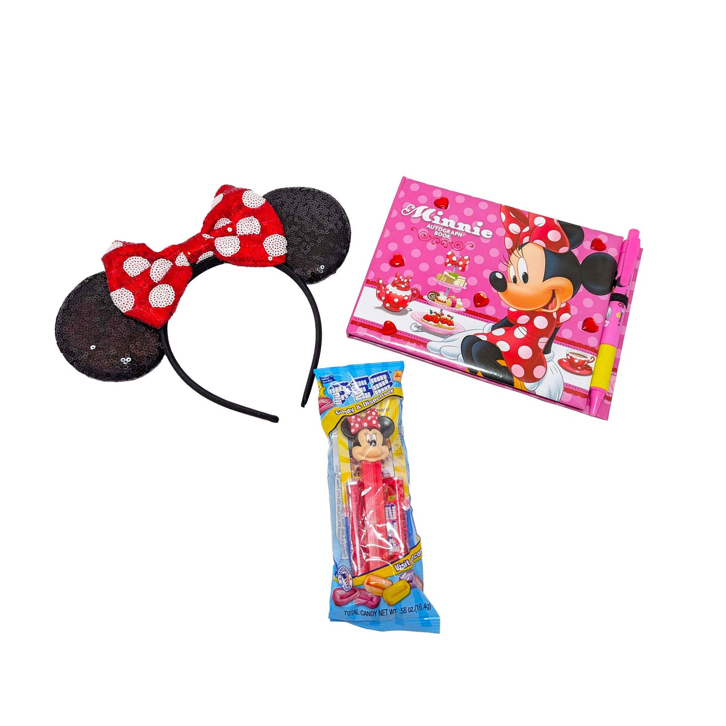 Licensed Disney Minnie Mouse autograph book with a matching pen, red polka dot ears headband, and a Minnie Mouse PEZ candy dispenser for custom resort gift sets