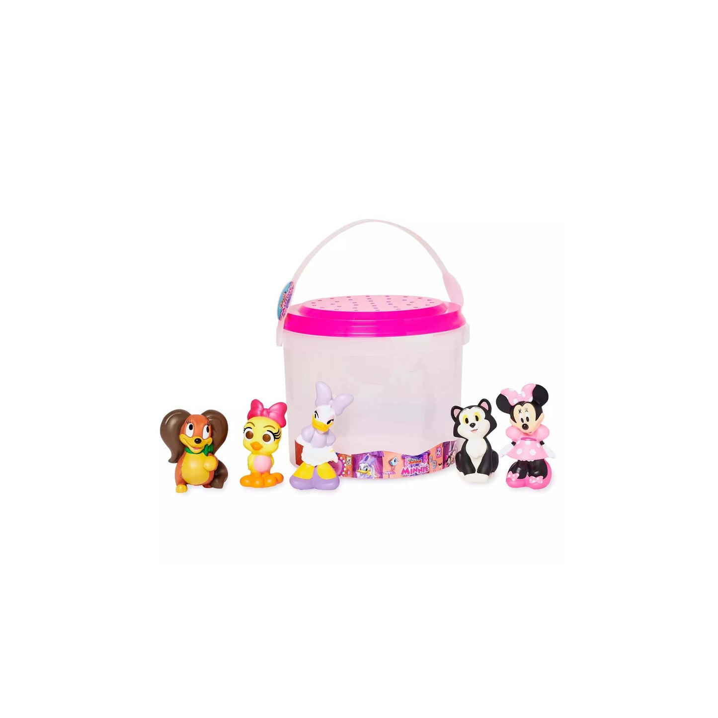 Set of Disney Minnie Mouse character bath toys featuring figurines and a pink bucket for themed Orlando resort gift baskets