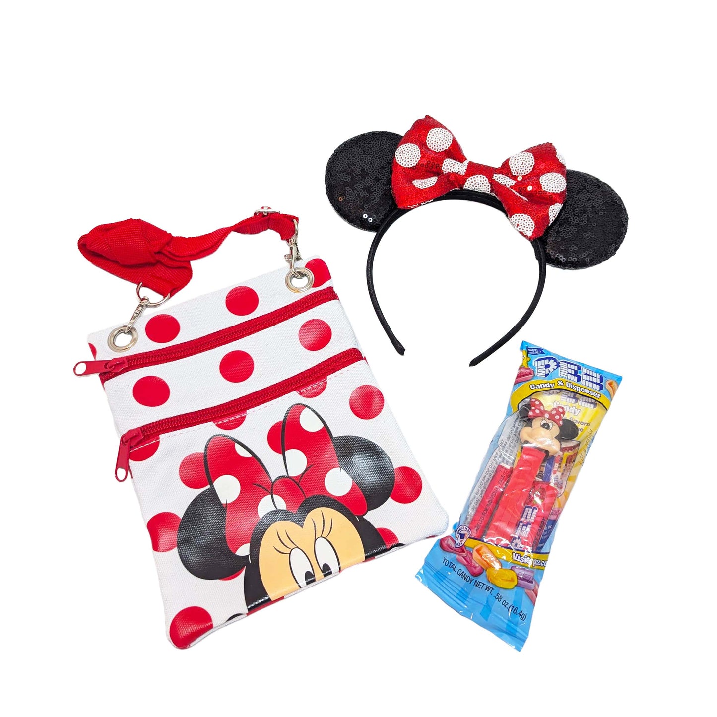 Minnie Mouse gift set featuring a red and black polka dot passport crossbody bag, matching sequined Minnie ears, and a Minnie PEZ dispenser for custom Orlando resort gift baskets
