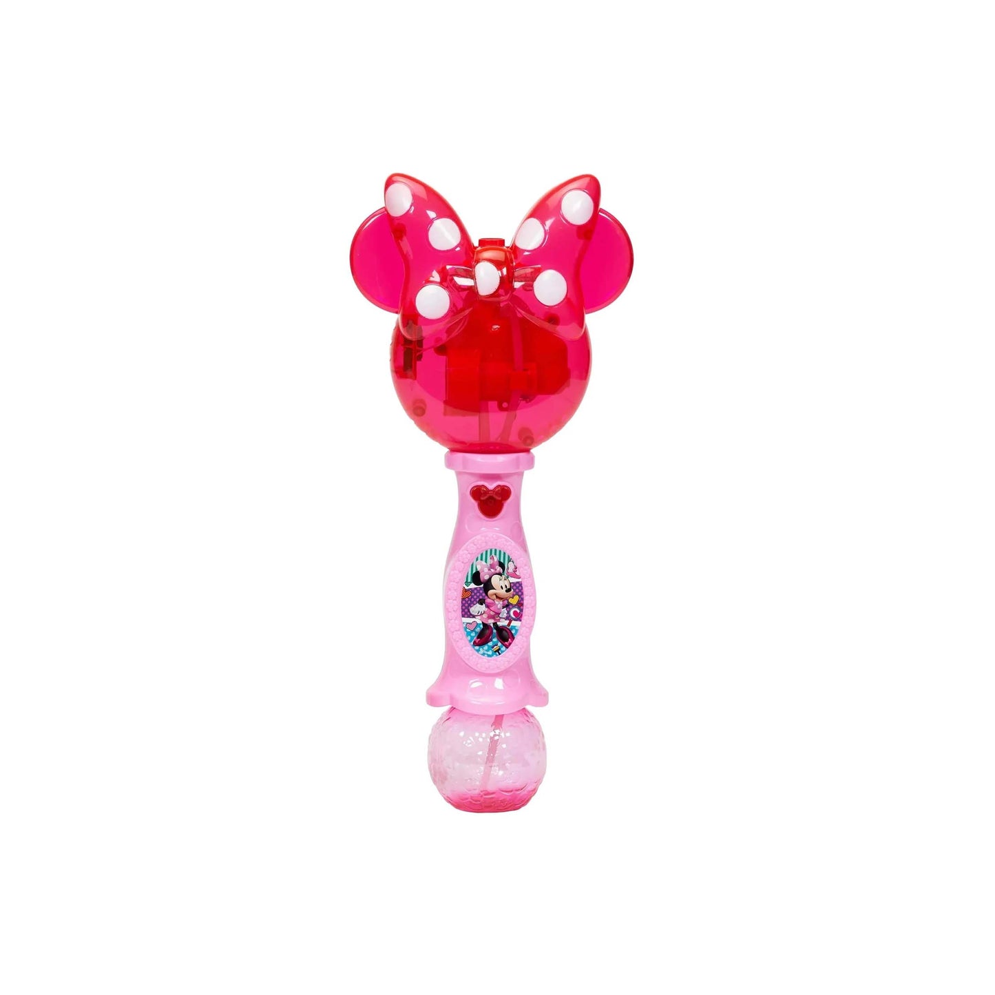 Licensed pink Disney Minnie Mouse toy bubble wand with a character decal and bow top for custom themed resort gift baskets