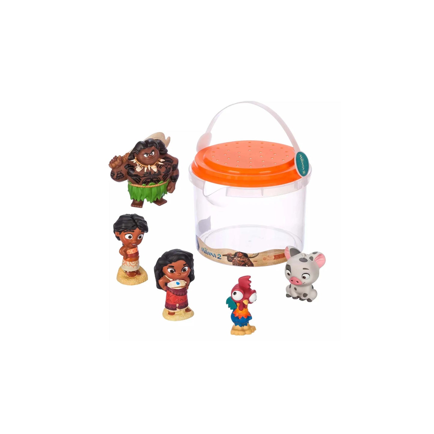 Set of Disney Moana 2 character bath toys, including Moana and Pua, with a clear bucket for themed Orlando resort gift baskets