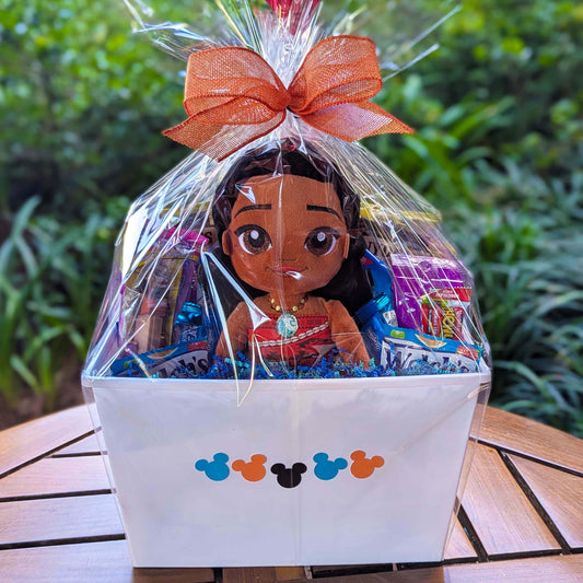 Custom Disney Parks Moana 13.75-inch plush toy gift basket filled with sweet and salty snacks for Orlando resort delivery