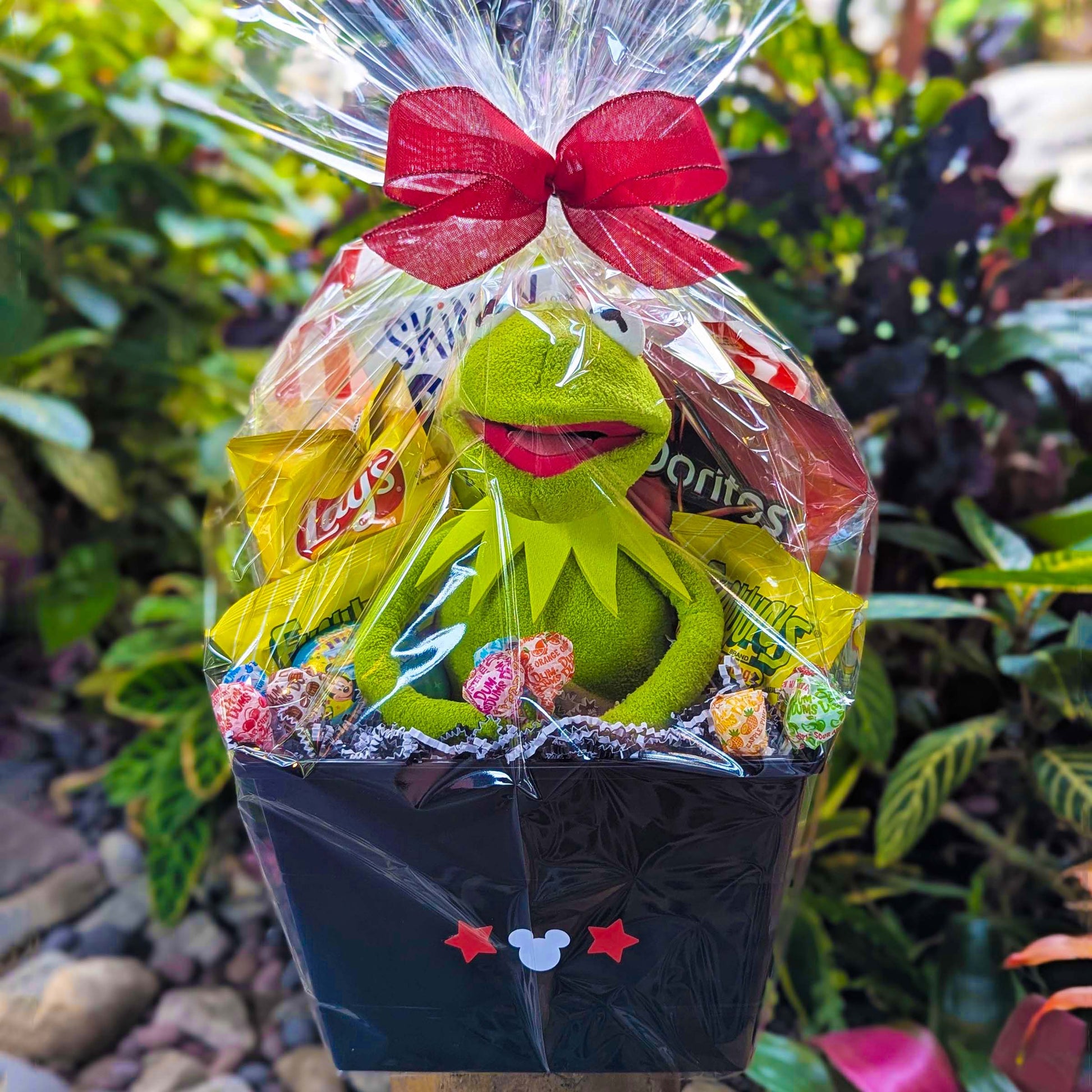 Disney Muppets Kermit the Frog plush gift basket with snacks and treats, perfect for Walt Disney World and Universal Orlando resort deliveries
